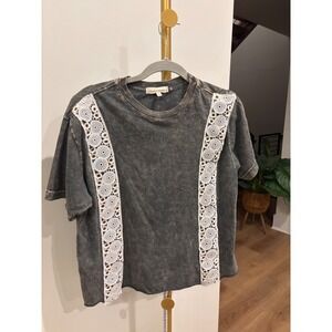 Gilded Intent Mineral Wash Crochet Lace Grommet Short Sleeve Tee Grey Large